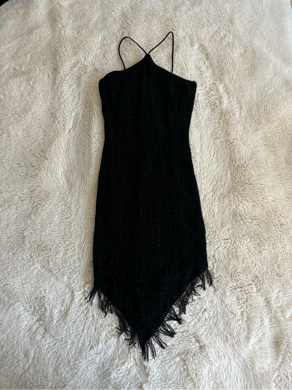 VTG Cache Black Rhinestone Beaded Fringe Sleeveless Midi Dress
